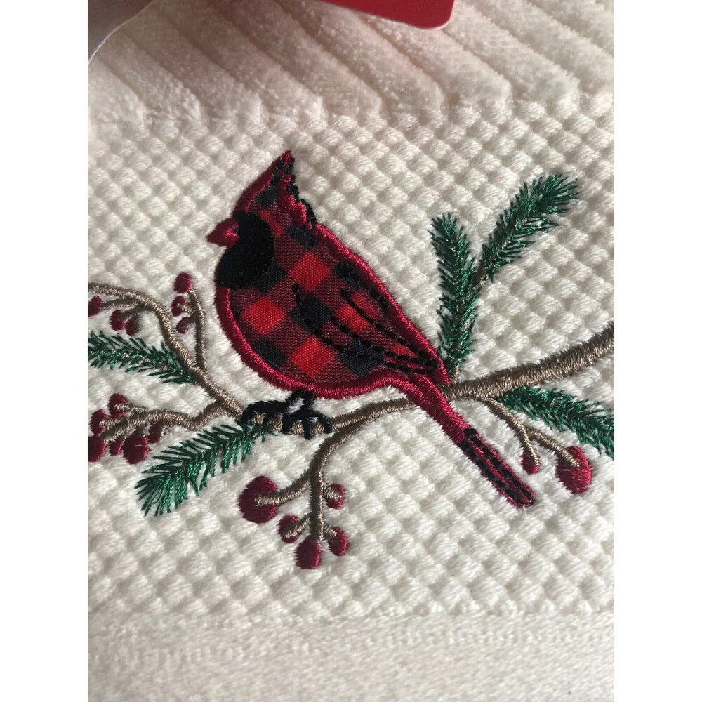 Cardinal Christmas Hand Towels Set of 2 Embroidered Buffalo Plaid Merry Bright